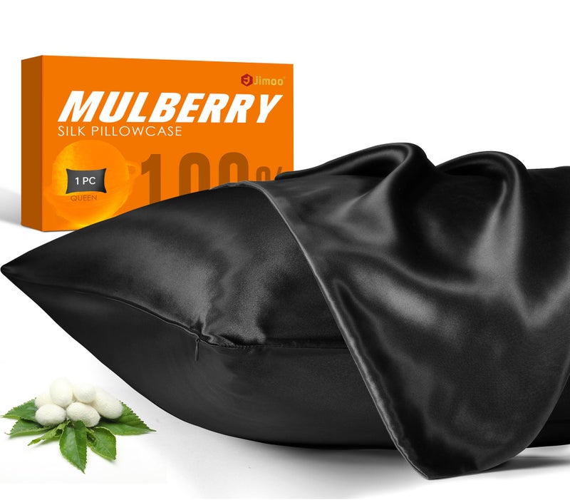 J JIMOO 100% Mulberry Silk Pillowcase for Hair and Skin, 22 Momme Pure Natural Silk Pillow Case Both Sided with Zipper, Pillow Cover for Women Mom Men (Black, Queen 20''Ã—30'', 1 Pack) - Image 1